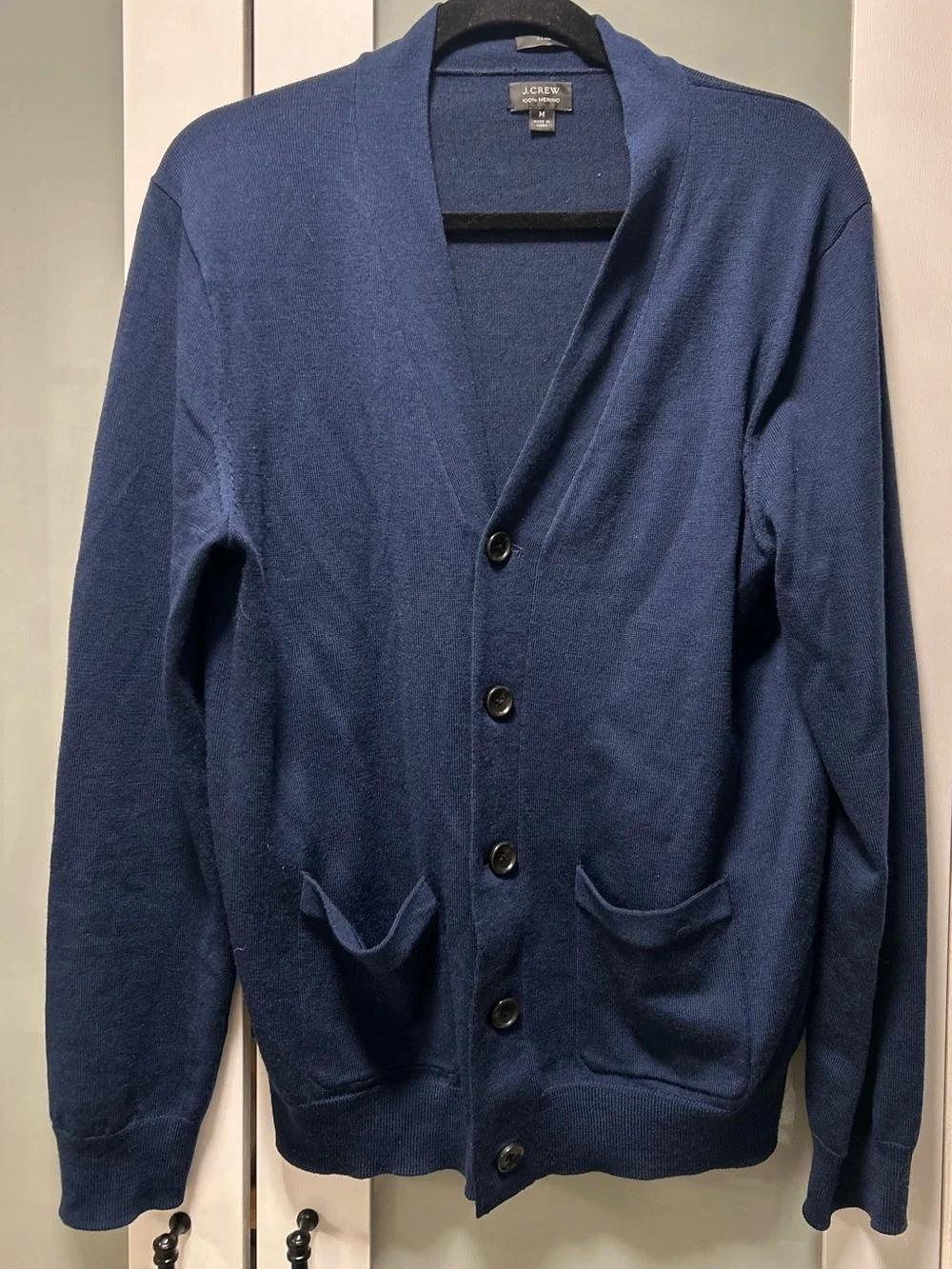 J.Crew  Men's Navy Blue V-Neck Button-Up Merino wool Cardigan Sweater M
